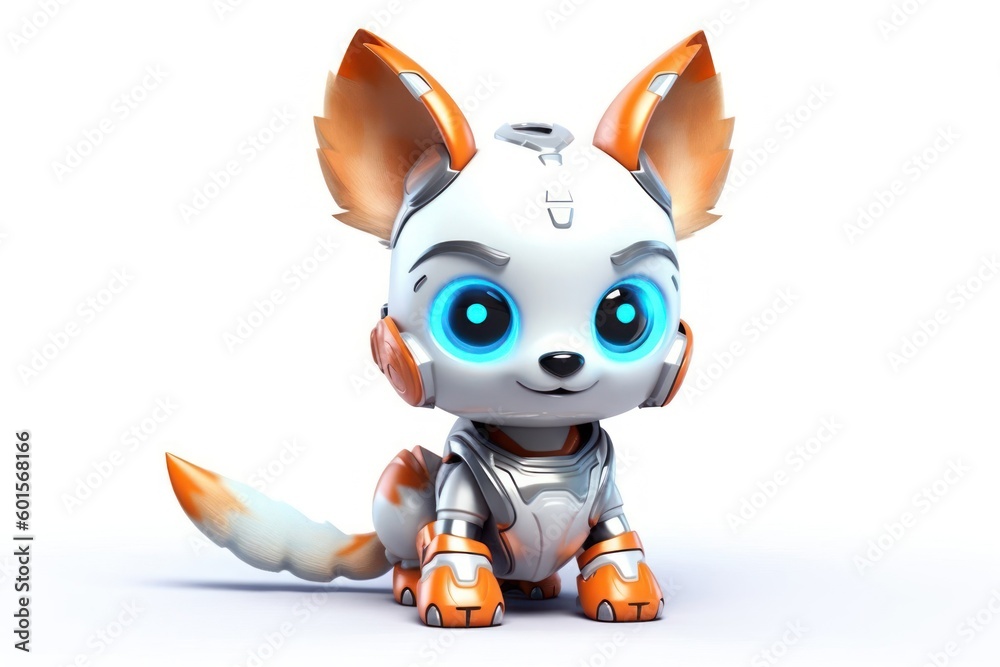 Poster fox white background robot pet with copy space generative ai