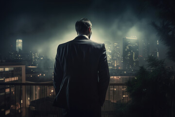 Man in suit in melancholic city. Abstract career challenge in city jungle concept. Generative AI