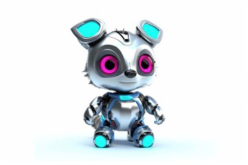 Raccoon White Background Cybernetic Robot Pet And Copyspace Generative AI