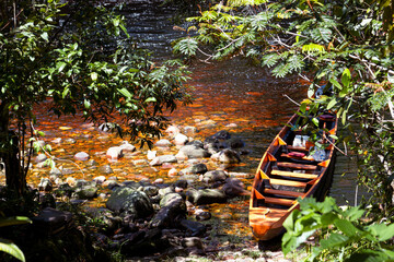 Una canoa naranja en un río naranja.