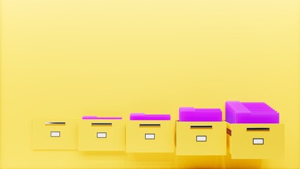 Yellow wall with file cabinet drawers in row with purple folders inside, 3d illustration