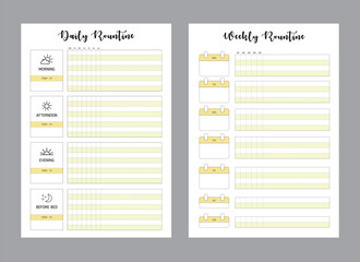 (Lemon) Daily Weekly Rountine. Minimalist planner template set. Vector illustration.