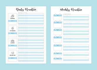 (Sky) Daily Weekly Rountine. Minimalist planner template set. Vector illustration.