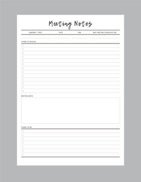 Meeting Notes Planner. Minimalist Planner Template Set. Vector Illustration.