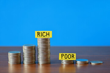 Large growing stacked coins opposite a small shrinking stack of coins illustrating the Rich versus...