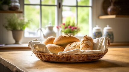 Fototapeta premium Illustration of a basket of bread in a country Kitchen. Generative AI. 