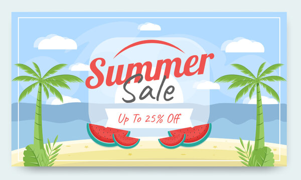 Summer sale banner template beach background, summer vacation concept, advertising. Vector illustration flat design