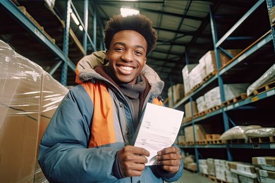 Worker holding check sheet clipboard in warehouse, Generative AI Technology