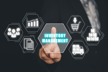 Inventory management concept, Business woman hand touching inventory management icon on virtual screen.