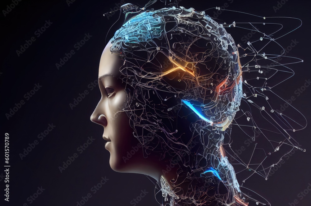 Poster humanoid head metallic artificial intelligence background with copy space generative ai
