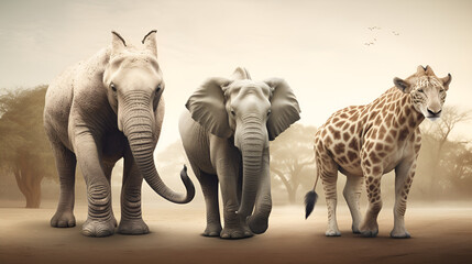 AI Generative art of hybrid animals elephants,giraffes amd rhinoceros