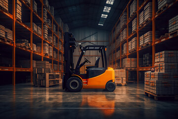 Naklejka premium Large modern warehouse with forklifts, Generative AI Technology