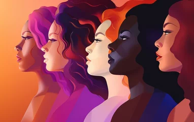 Fototapete Backstein Women's beauty. four different female faces, in profile using a landscape, vector style illustration. Bright bold colours. Diverse ethnicities and designs.