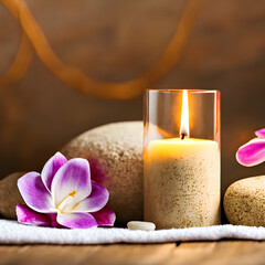 Close-up of a relaxing candle in a glass with a beautiful orchid flower.