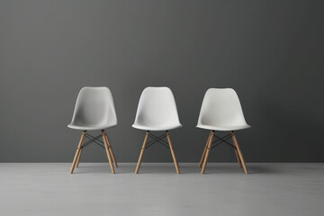 three white chairs on the grey background, in the style of soft renderings, Generative AI