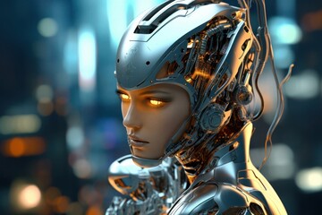 Female Humanoid Cyborg Artificial Intelligence Backdrop With Copy Space Generative AI