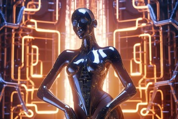 Female Humanoid Metallic Artificial Intelligence Background With Copy Space Generative AI