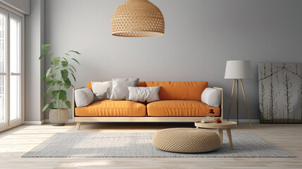 Interior with sofa and lamp in soft color. generative ai illustration
