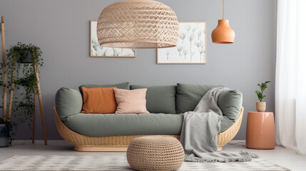 Minimalist living room with sofa and lamp in soft color. generative ai illustration