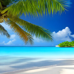 Fototapeta na wymiar relaxing beach with blue water and blue sky behind. 