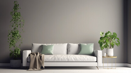 Interior of modern and minimalist living room with white sofa. Generative ai illustration