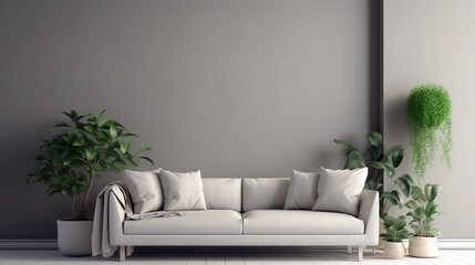 Interior of modern and minimalist living room with gray wall and white sofa. Generative ai illustration
