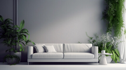 Modern and minimalist living room with gray wall and white sofa. Generative ai illustration