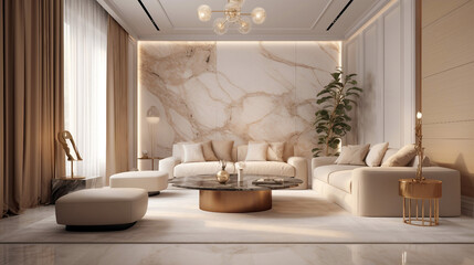 Luxury and modern living room with marble walls and wooden floor. Generative ai illustration