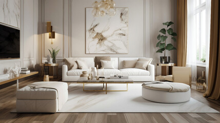 Luxury and modern living room with marble walls and wooden floor. Generative ai illustration