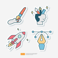 Fototapeta na wymiar Creativity Related Doodle Sticker Icon. Creative Design, Rocket ,Idea, Inspiration, Brush, Painting Vector Illustration