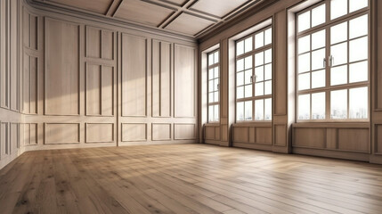 Empty room with wooden walls and wooden floor. Generative ai illustration