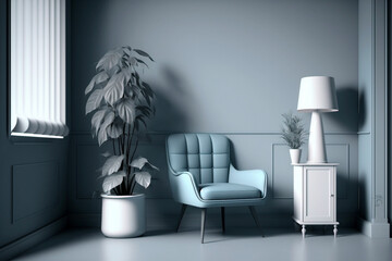 Interior with blue wall, chair and plant. Generative ai illustration