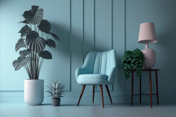 Interior of living room with blue wall, blue armchair and plants. Generative ai illustration