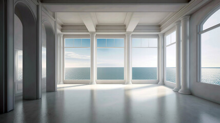 Empty room with sea view and windows. Generative ai illustration