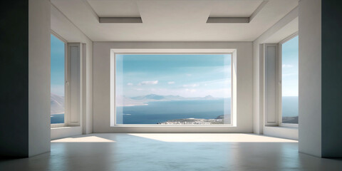Obraz premium Modern empty room with sea view and windows. Generative ai illustration