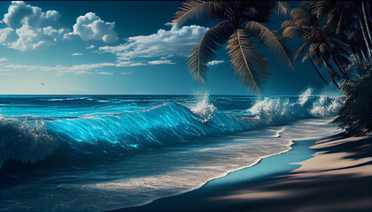 Beautiful blue ocean waves on sandy beach Ai generated image