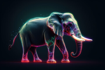 Fototapeta premium Image of an elephant with light that is in the digital world on a dark background. Wildlife Animals. illustration, generative AI.
