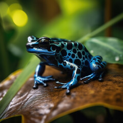 Image of blue poison dart frog in a rich forest. Amphibian. Wildlife Animals. Illustration. Generative AI.