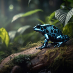 Fototapeta premium Image of blue poison dart frog in a rich forest. Amphibian. Wildlife Animals. Illustration. Generative AI.