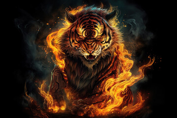 Image of an angry tiger and flames. Wildlife Animals. Illustration. Generative AI.