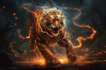 Image of an angry tiger and flames. Wildlife Animals. Illustration. Generative AI.