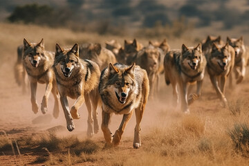 Image of a pack of wolves in a dry forest. Wild Animals. Illustration, Generative AI.