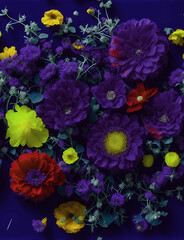 Close up dark photography overhead view of beautiful and colorful flowers. Wallpaper, background concept. AI generative