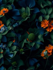 Close up dark photography overhead view of beautiful and colorful flowers. Wallpaper, background concept. AI generative