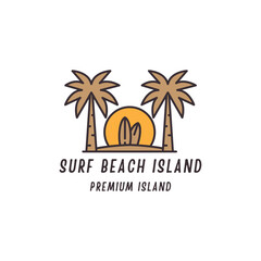 island with coconut trees and surf,holidays logo vector icon illustration design