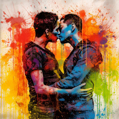 Fototapeta na wymiar Two women kissing and hugging with a splash of rainbow colors celebrating LGBT pride day. Generative AI