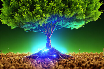 Computer circuit board and tree unite in an amazing combination of electrical signals and soil. Technology, nature, energy concept created with generative AI.