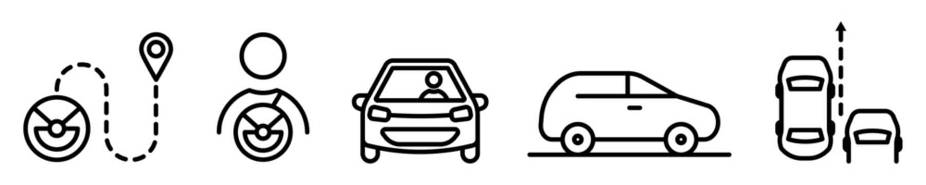 Conjunto de iconos de conducci&oacute;n de veh&iacute;culo, autom&oacute;vil. Persona manejando, ruta y trayectoria, rebasar veh&iacute;culo, viaje. Ilustraci&oacute;n vectorial
