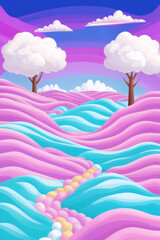 Fototapeta na wymiar A world of sugary colors and shapes, with cotton candy clouds flowing through the landscape. An inviting and surreal atmosphere of bright colors and textures. Created with generative AI