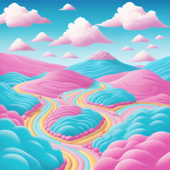 A world of sugary colors and shapes, with cotton candy clouds flowing through the landscape. An inviting and surreal atmosphere of bright colors and textures. Created with generative AI